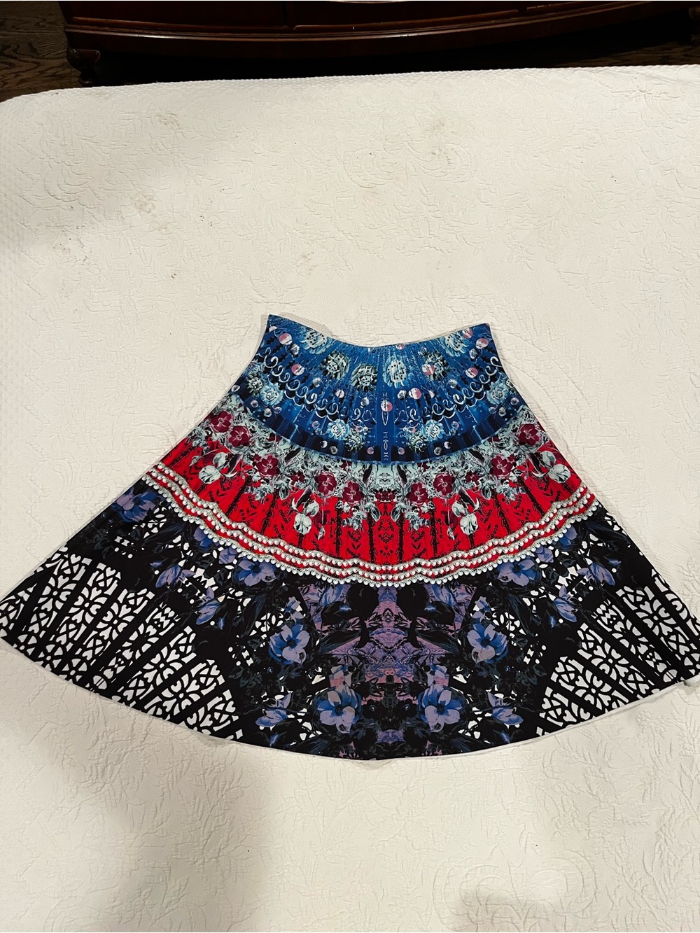Clover Canyon Multicolor Floral & Geometric A-Line Skirt — Blue, Red, Black